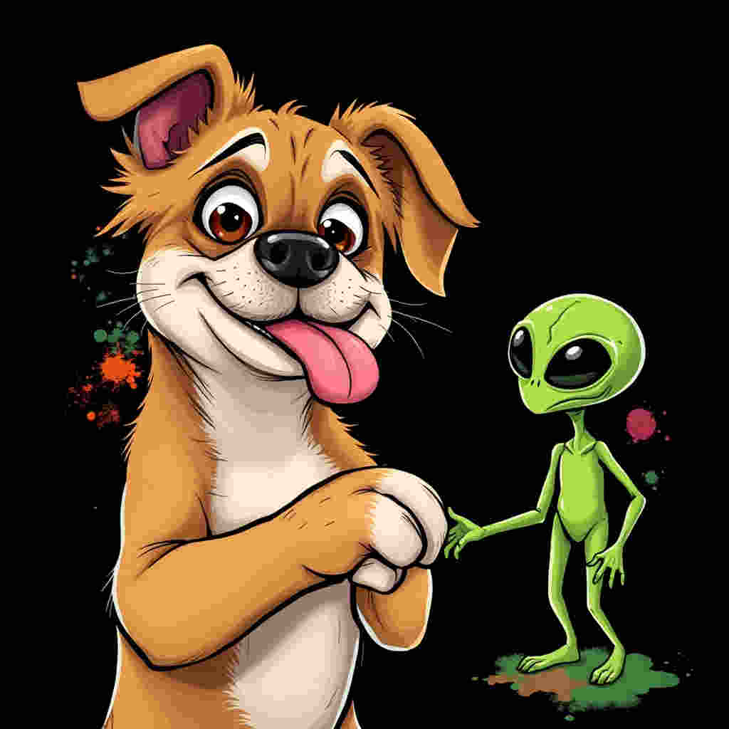 Dog with awkward expression meeting alien