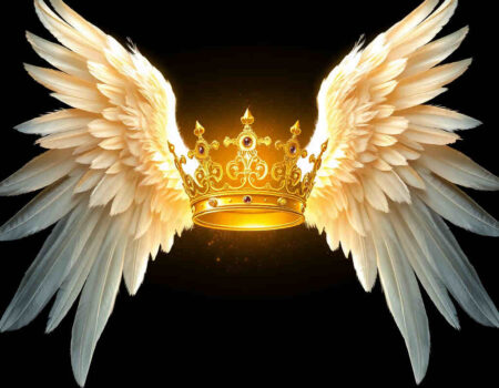 Large glowing crown with massive angel wings and floating feathers