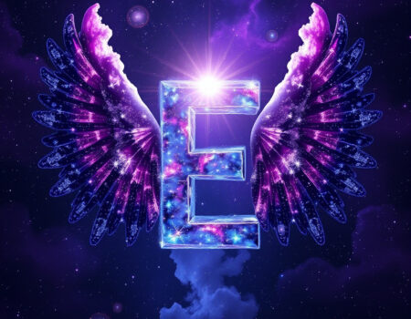Letter E with galaxy wings and nebula clouds