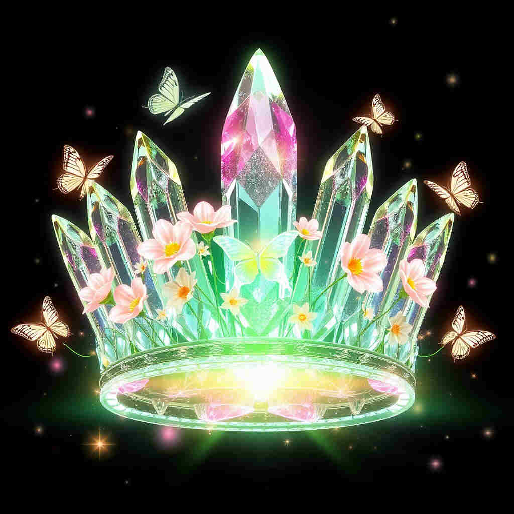 Large crystal crown with glowing flowers and butterflies
