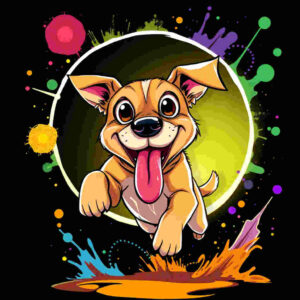 Dog with excited expression jumping through portal