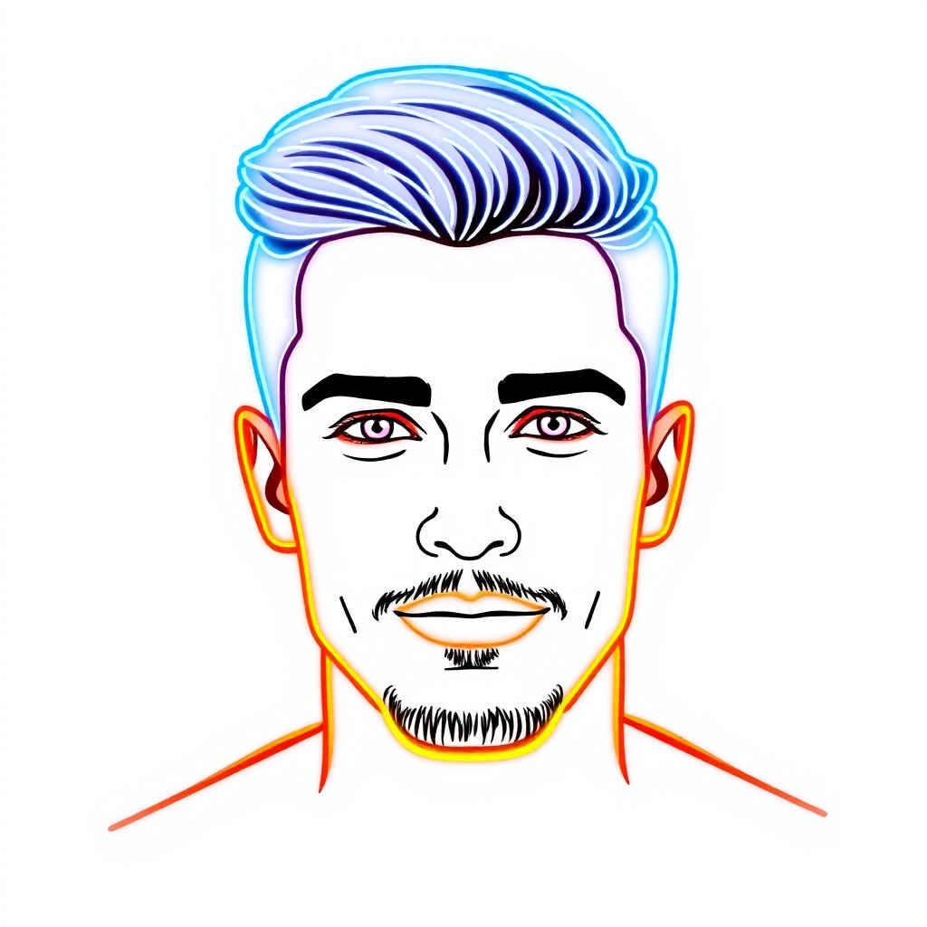 Handsome male face with neon light effects and glowing outlines