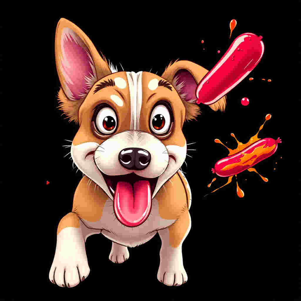 Dog with crazy eyes chasing flying sausage comically