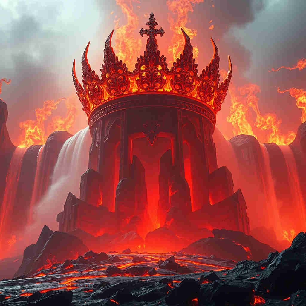 Massive glowing crown dominating foreground with lava waterfall