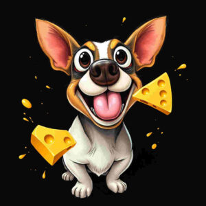 Dog making hilarious face at floating cheese slice