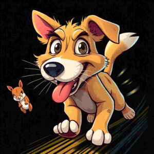 Dog with crazy expression chasing at light speed