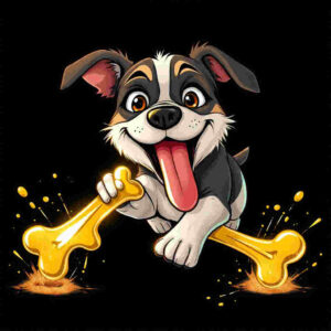 Dog with determined expression chasing magical bone