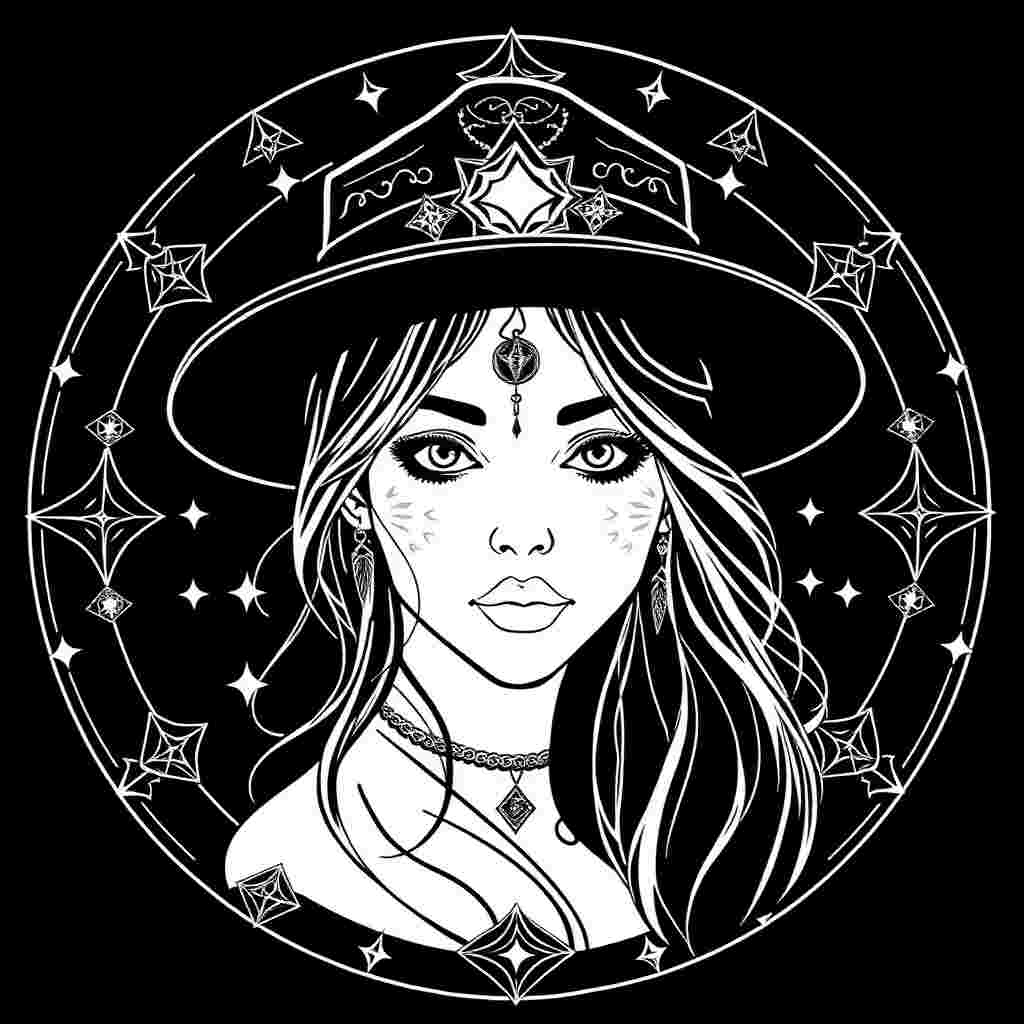 Magical girl with fitted hat and symbols on round black background