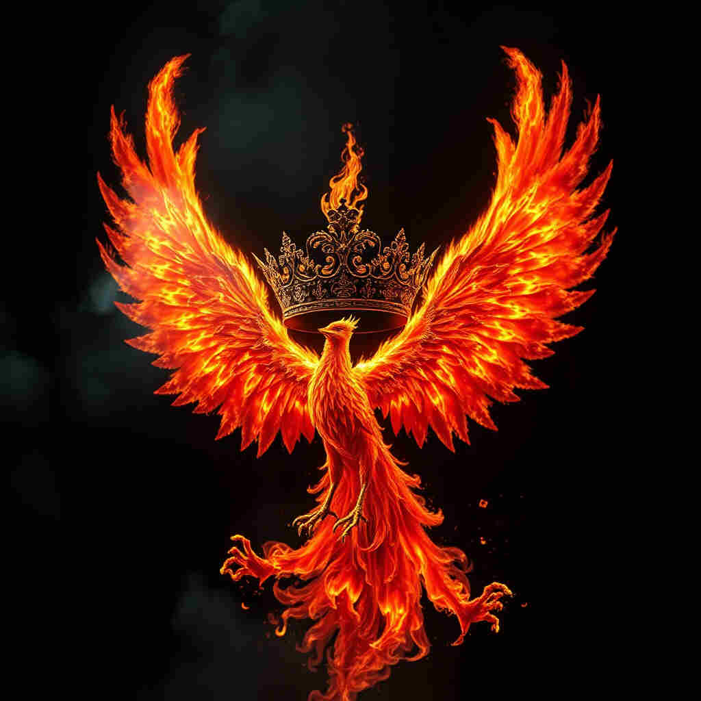 Large fiery crown with phoenix wings and rising embers
