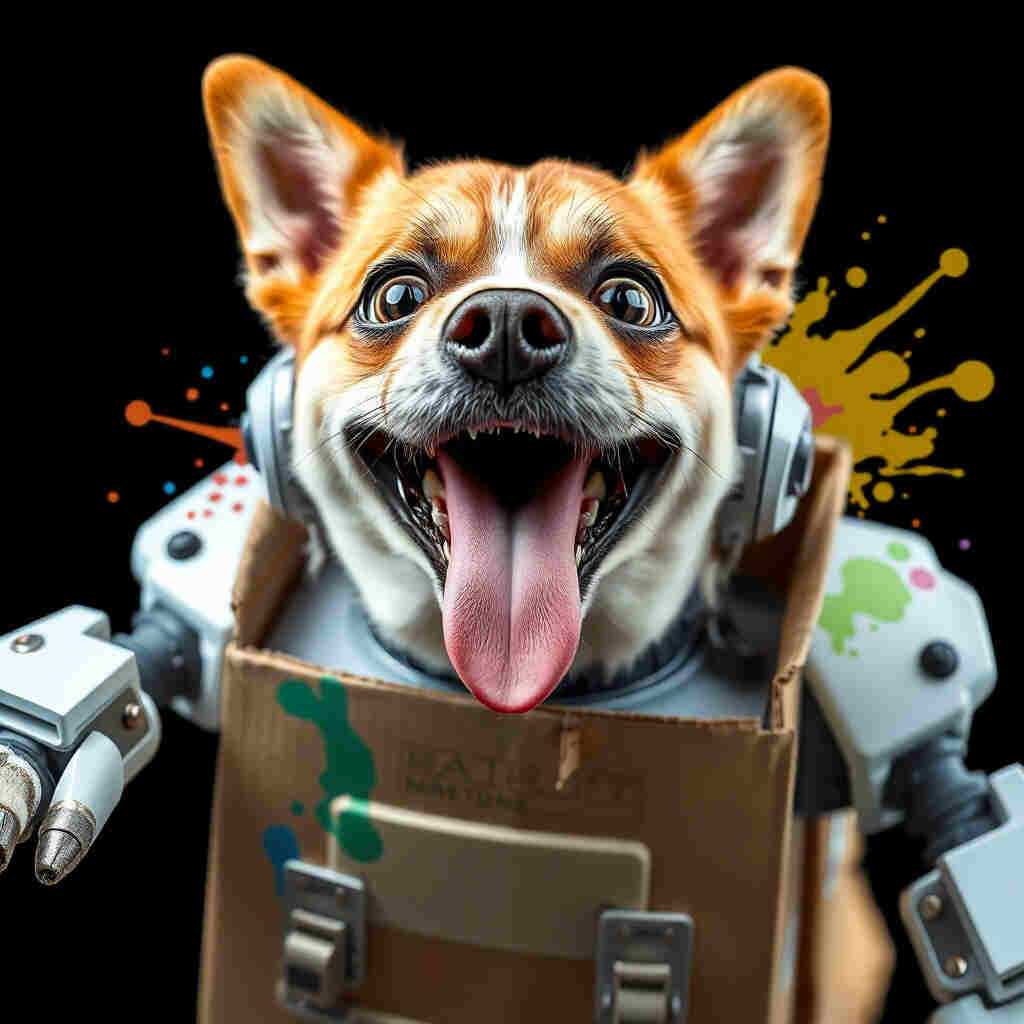 Dog with mechanical expression pretending to be robot
