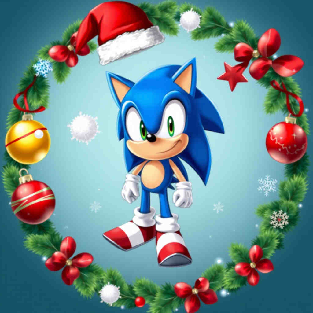 Sonic the Hedgehog Christmas closeup oil painting style