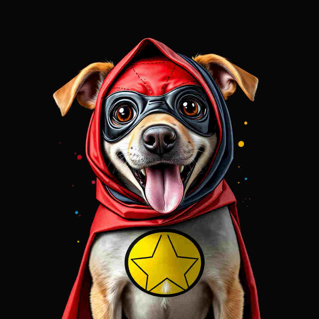 Dog with embarrassed expression in tangled superhero costume