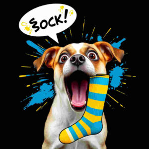 Dog with shocked expression at talking sock