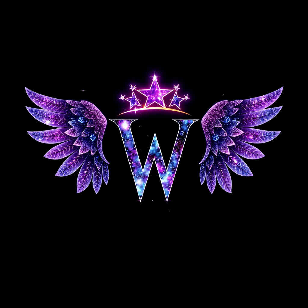 Letter W with starry wings and cosmic crown