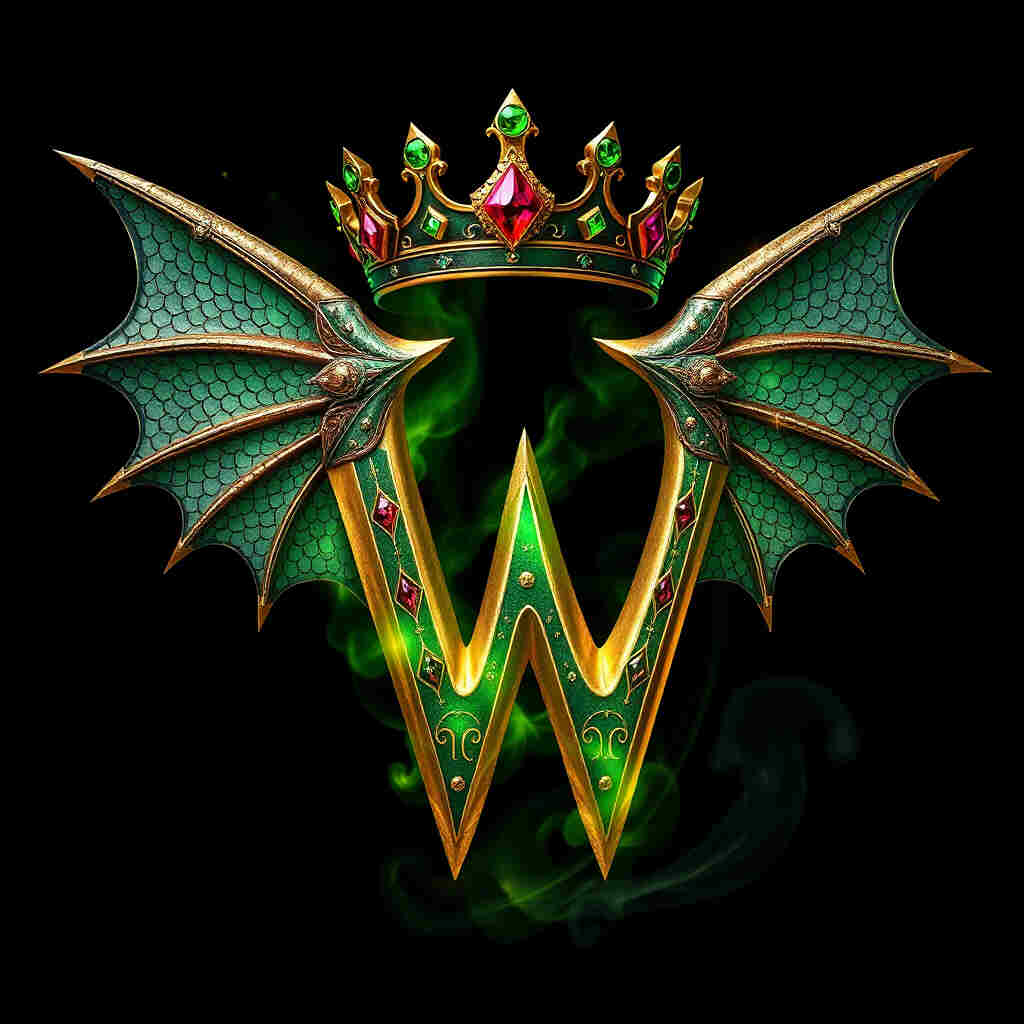 Letter W with dragon wings and jeweled crown