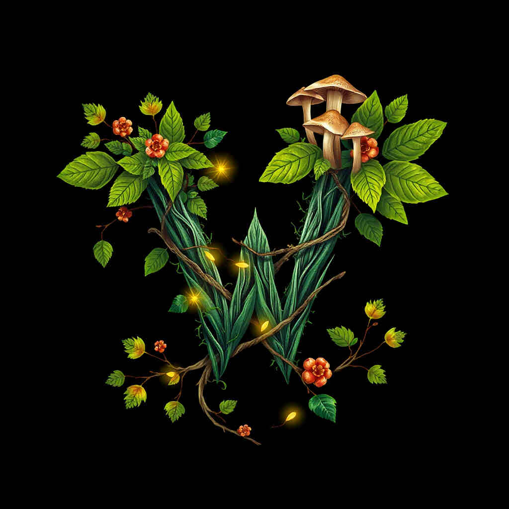 Letter W with leaf wings and forest crown