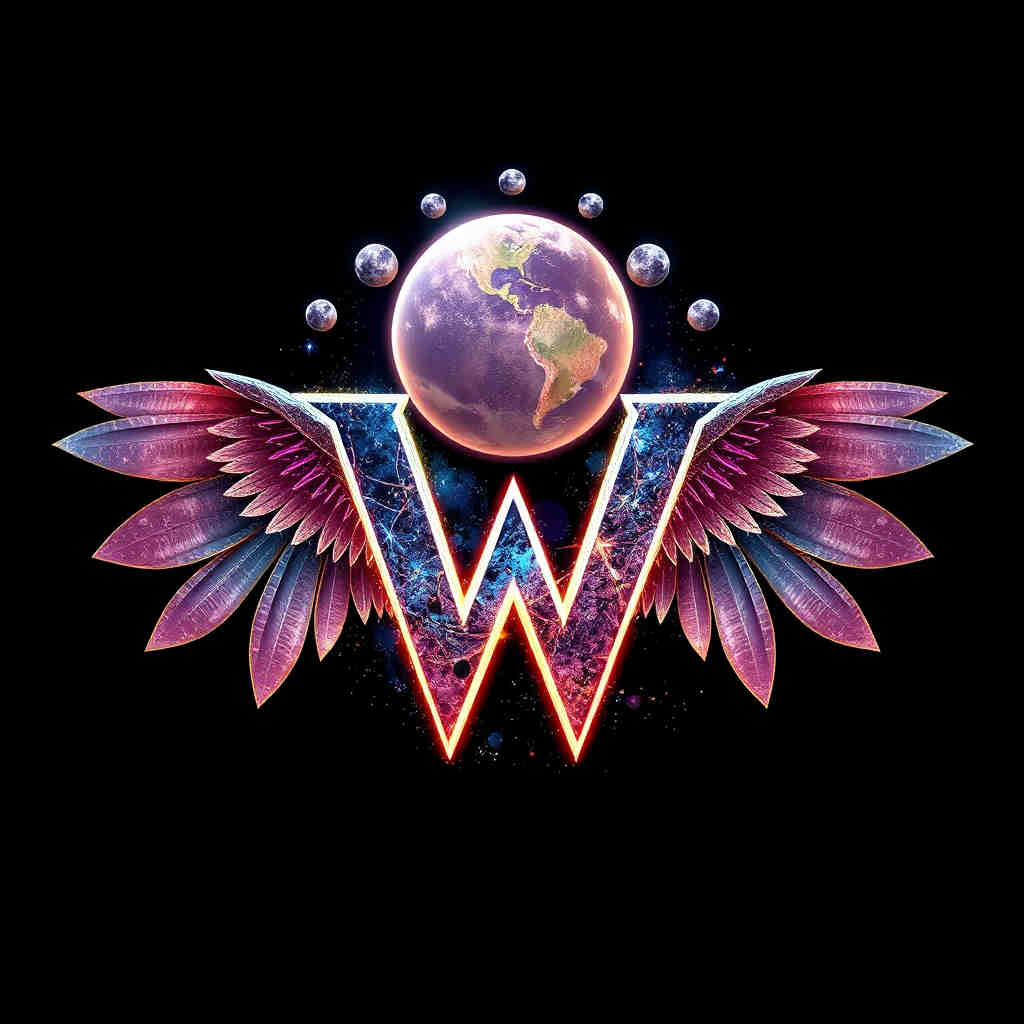 Letter W with cosmic wings and planet crown