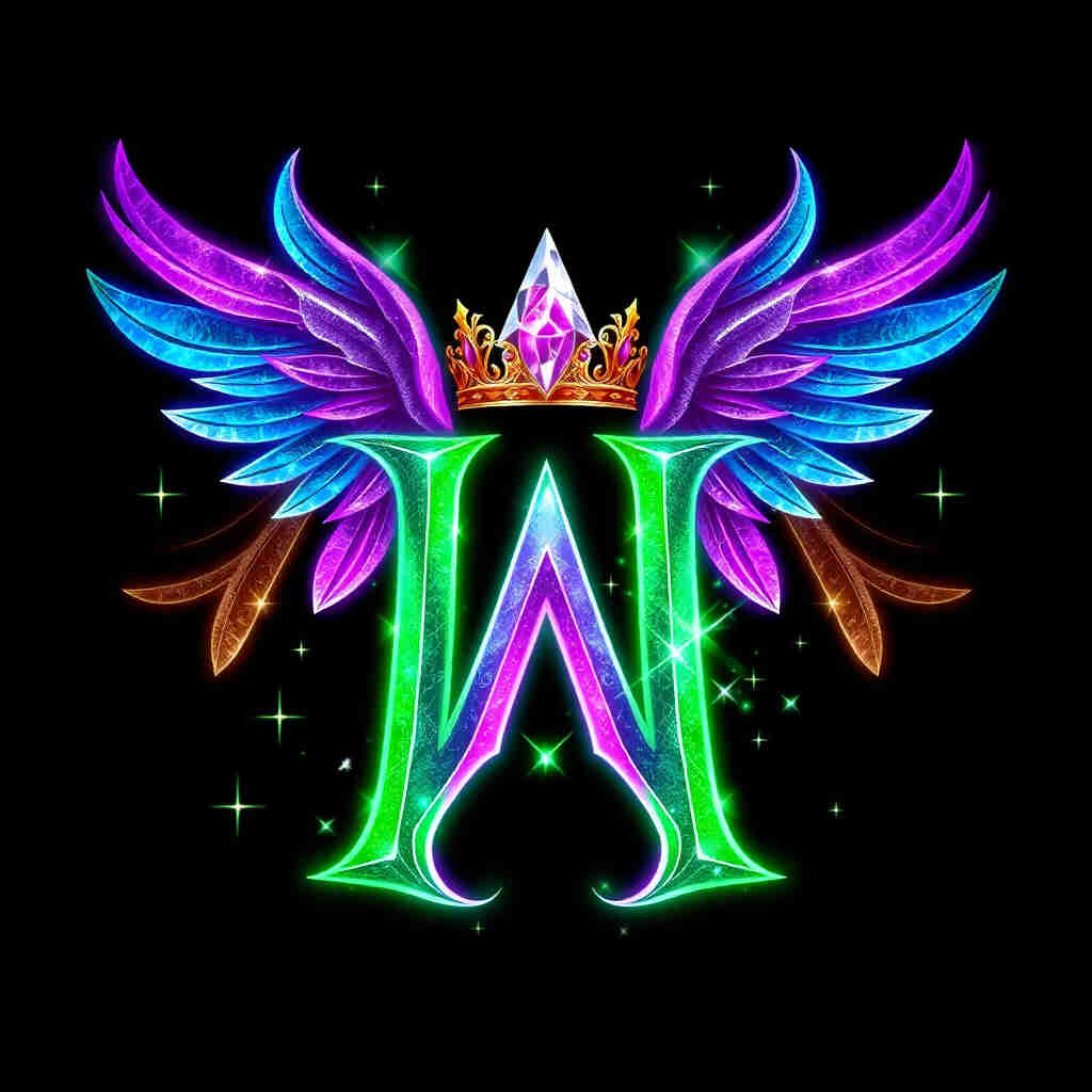 Letter W with mystical wings and enchanted crown