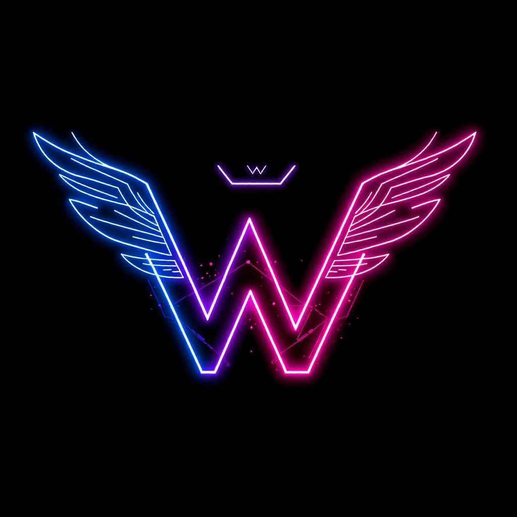 Letter W with neon wings and digital crown