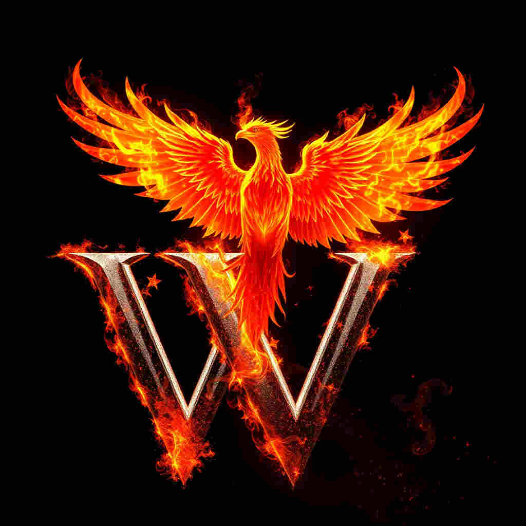 Letter W with phoenix wings and fire crown