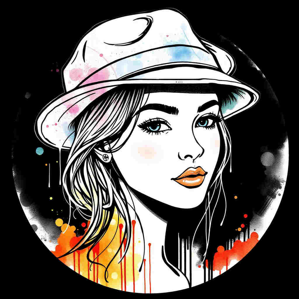 Watercolor effect girl with fitted hat on circular black background