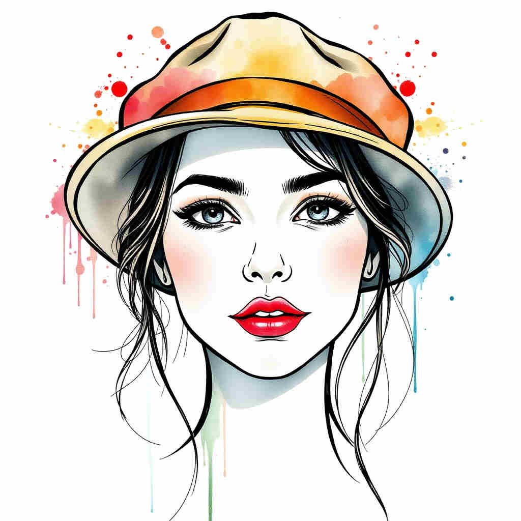 Watercolor effect girl with fitted hat line art