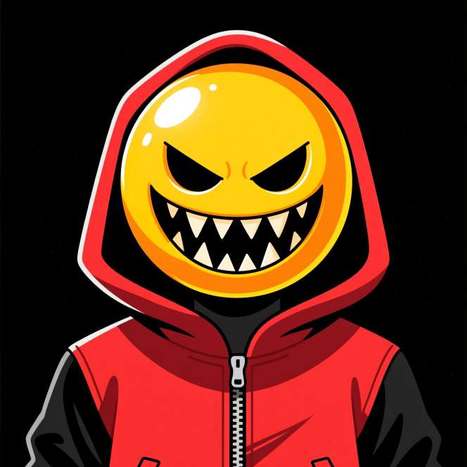 Menacing yellow smiley face with sharp teeth in red hoodie close up on black no text or logos
