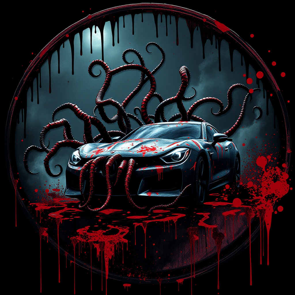 iant circular frame with symbiote car extreme close-up filling entire circle