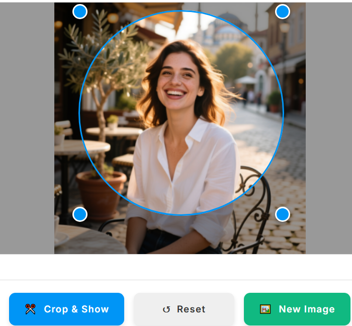 How exactly do you want your photo to look? Drag, resize, or center the blue circle to find the ideal frame. Confirm the cropping with “Crop & Show,” start over with “Reset,” or try a different photo with “New Image.” The focus of your story is determined here.