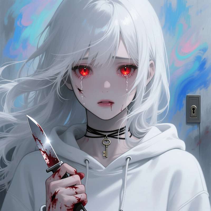 Her stitched lips and red eyes fill the frame as she holds a knife against a soft blue oil paint swirl