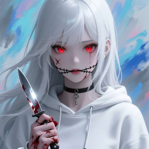 Her stitched lips and red eyes fill the frame as she holds a knife against a soft blue oil paint swir