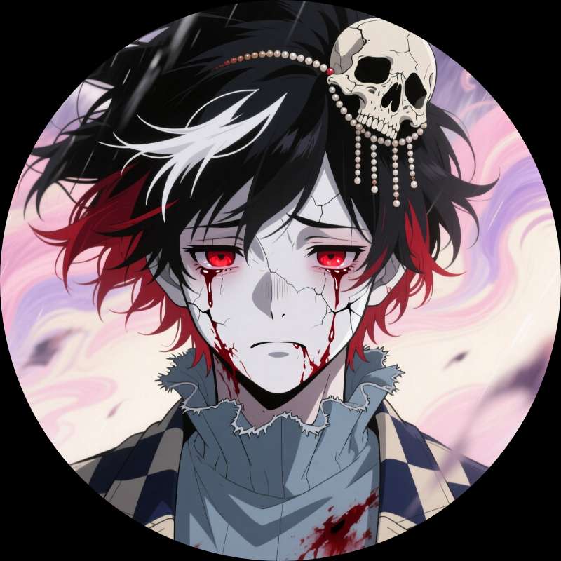 His red eyes and painted tears stare from inches away dressed in a ruffled collar against soft oil paint