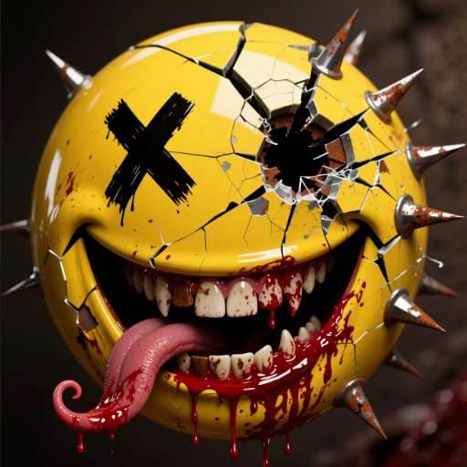 His cracked yellow face shows spikes and a red tongue dripping blood against a dark textured background