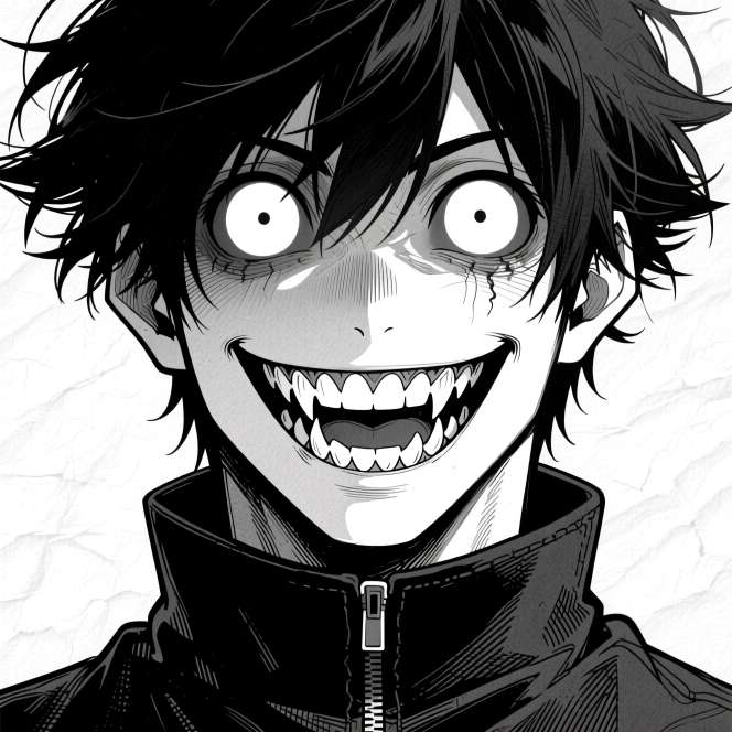 Unsettling anime face with hollow eyes and a terrifying smile in monochrome manga style