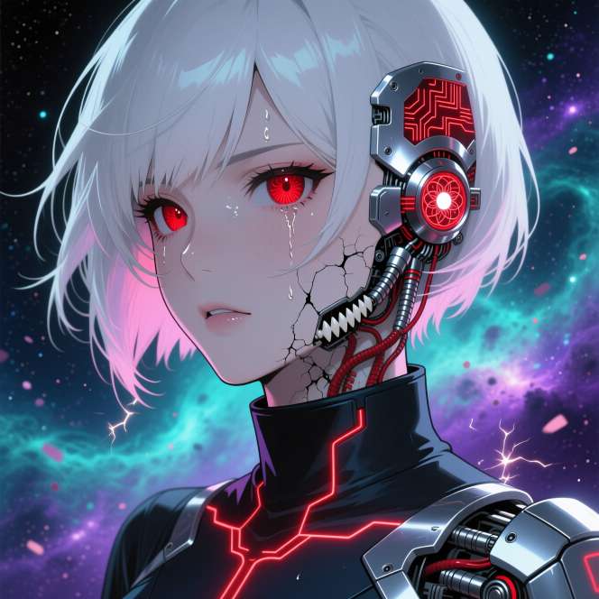 Her red eye and cybernetic face glow against a dark cosmic background with floating particles
