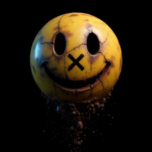 Cracked yellow smiley face with black X and falling debris on dark background in gritty 3D style