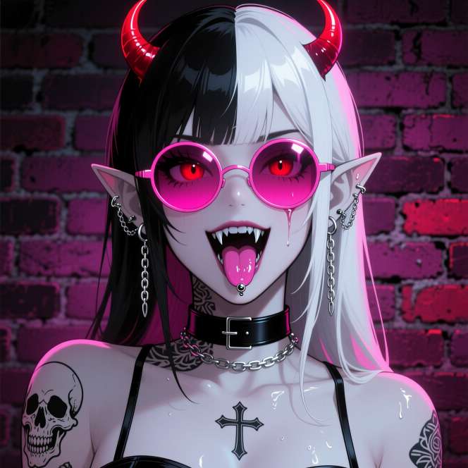 She grins with fangs and tongue out her pink glasses reflecting red eyes against a dark brick wall