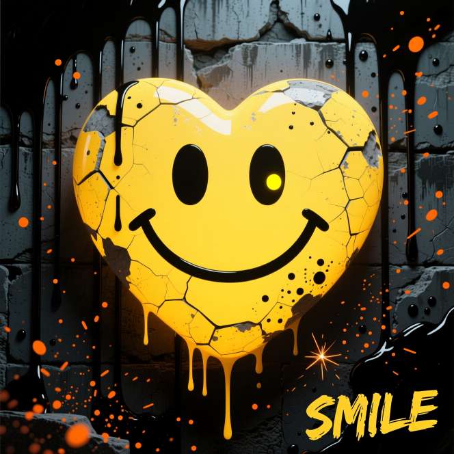 Yellow heart with happy face surrounded by black drips and orange sparks on dark moody background