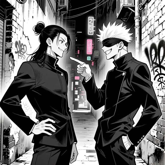 Two smiling faces as they gaze at each other — black and white, ink lines, dramatic lighting, intimate rivalry.