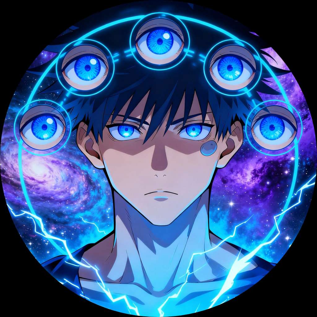Gojo Satoru character with glowing six eyes power in circular anime profile picture