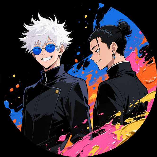 The black background comes alive with oil paint stains. Two perspectives, two directions.