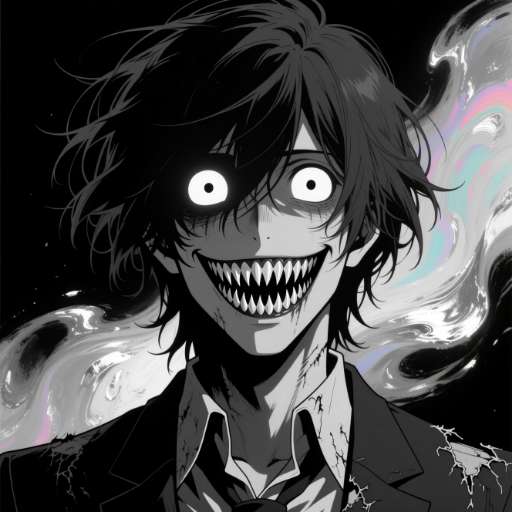 He stares with hollow eyes and a chilling grin, framed by wild hair against a pastel-gray oil paint swirl.