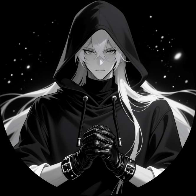 His sharp eyes peer from under the hood as he clasps his hands against a starry black background