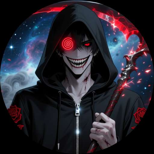 His red eyes and grin fill the frame as he holds a glowing scythe against a cosmic oil paint sky