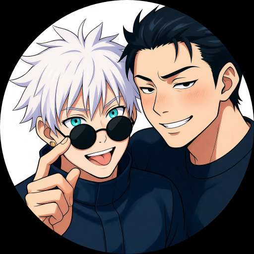 In a close-up, a white-haired, turquoise-eyed character is holding black sunglasses and sticking out their tongue. Beside them is a second, black-haired character smiling. The anime's Jujutsu Kaisen style animation is presented with detailed expressions, soft colors, and a minimalist white background. (Image shown)