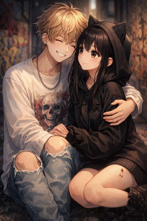 Matching PFP anime couple in cat hoodie & ripped jeans, soft glowing eyes, ideal for duos on socials