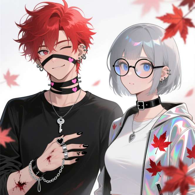 Boy with heart bandages girl with red leaves their matching PFP set