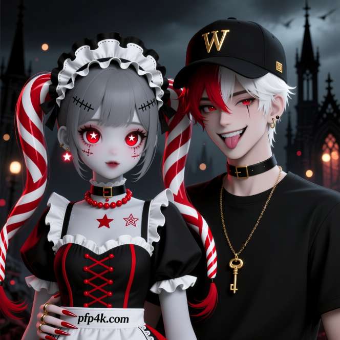 Doll girl with red stars he’s all cap and gold rings their matching PFP set