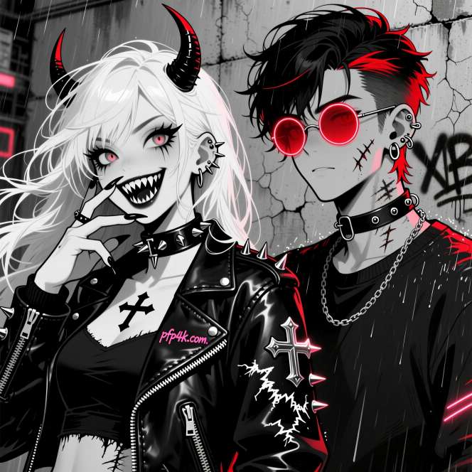 Girl with horns and fangs boy in rain with red shades their matching PFP set