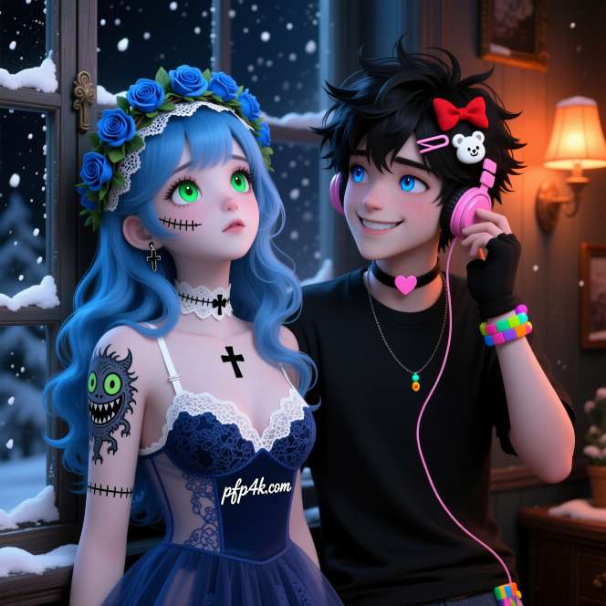 Girl with blue hair and tattoos boy with clips and ice cream their matching PFP set